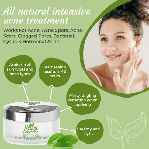 Acne Treatment Cream With Secret TEA TREE OIL Formula - Perfect For Fighting Breakouts, Spots, Cystic Acne, Acne Scar Removal - See Results in Days Without Dry Skin - by Keeva Organics (1oz)