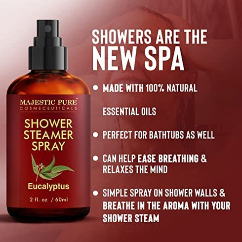 MAJESTIC PURE Eucalyptus Shower Steamer Spray - Aromatherapy Shower Spray - 100% Pure Eucalyptus Essential Oil - Eucalyptus Shower Spray Aromatherapy Mist - Spa with Room Spray Aromatherapy - 2fl oz