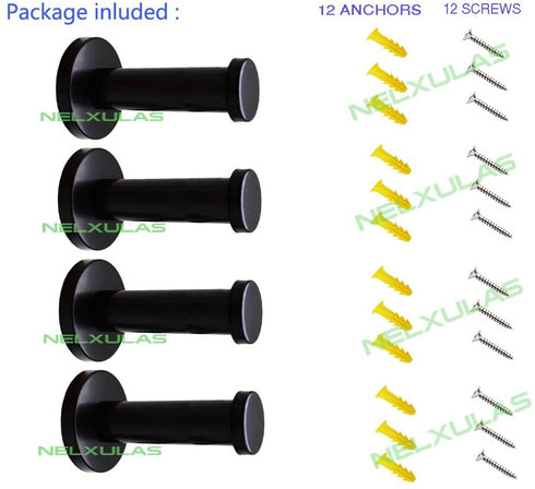 NELXULAS Classic Black Stainless Steel Heavy Duty Wall Mount Hooks, Bath Towel Hooks, Coat Hanger, Handbag Hooks, 4 in Pack (2-4/5")