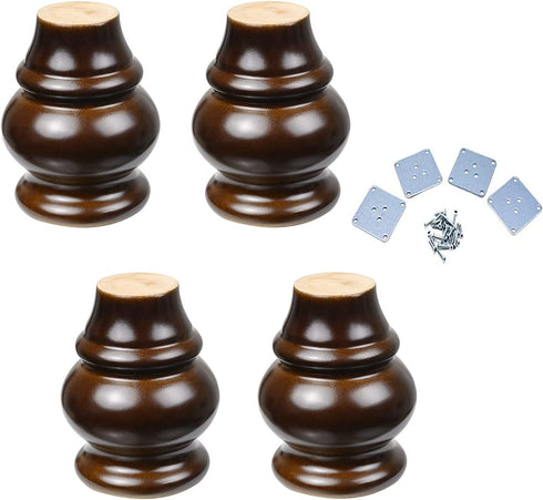 4PCS 3.54" Tall Solid Wood Turned Furniture Legs Walnut Finished Wood Sofa Legs Turned Furniture Legs Bun Feet for Cabinet Sofa Ottoman TV Stand Loveseat Dresser
