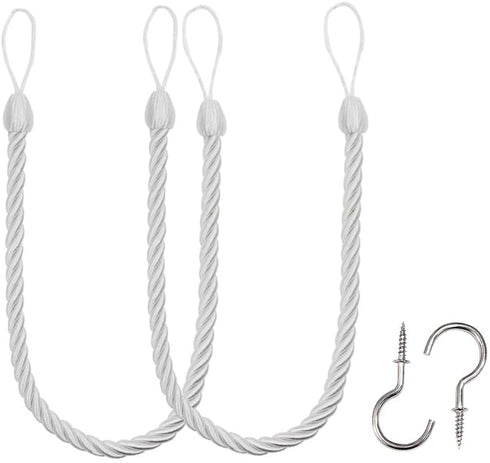 BEL AVENIR Curtain Ropes Tiebacks Tie-Backs, Curtain Handmade Holdbacks with 2 Metal Screw Hooks - White 2 Pack