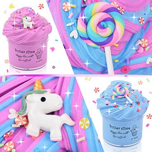 2 Pack Butter Slime Pink Purple Colors Blue Candy Slime with Slices, Birthday Gift Cotton Mud Premade Slime Kit Scented DIY Sludge Toys Gift for Girl Boy, 2 Pack(100ML Each *2)