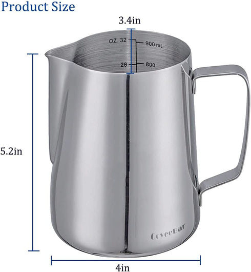 CoyeeBar Large Steaming Pitcher 32 oz For 2-3 Servings Espresso Milk Pitcher with Accurate Measurements Milk Frother Cup Large Size ,Espresso Milk Frothing Pitcher 30 oz with Latte Pen