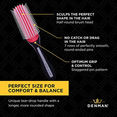 Denman Hair Brush for Curly Hair D3 (Black) 7 Row Classic Styling Brush for Detangling, Separating, Shaping and Defining Curls