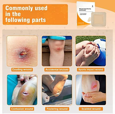 Carbou 5Pcs Silicone Foam Dressing 6" x 6" (15cmx15cm) - Square Wound Care Dressing with Border Adhesive Waterproof Central Ultra Absorbent-Foam(4.3" X 4.3")Waterproof Silicone Wound Bandage