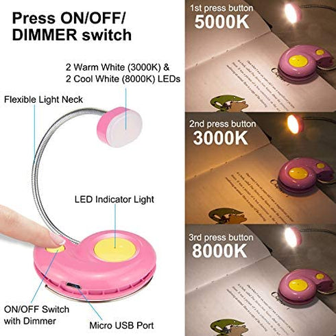 LUXSWAY Rechargeable Book Light for Reading, 3 Brightness Levels, Portable Reading Lamp for Books Clip-on, Eye Care Book Light for Kid with Flexible Neck, Bookmark Light for Adult Bookworm -Pink