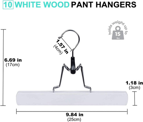 Amber Home White Wooden Pants Hangers 10 Pack, Wood Clamp Hangers with Non Slip Padded Velvet, Jeans/Slacks Hangers Hair Extension Hangers for Skirts, Trousers, Wig (White, 10)