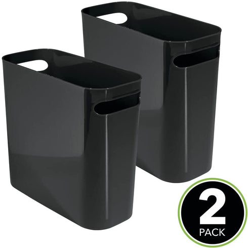mDesign Plastic Small Trash Can 1.5 Gallon/5.7 Liter Wastebasket, Garbage Container Bin w/Handles for Bathroom, Kitchen, Home Office Holds Waste Recycling,10" H, Aura Collection - 2 Pack - Black