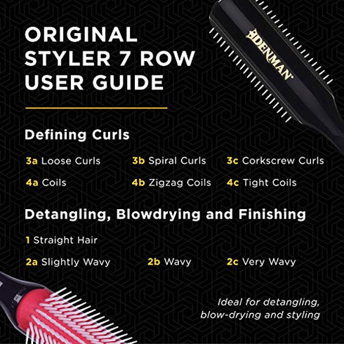 Denman Hair Brush for Curly Hair D3 (Black) 7 Row Classic Styling Brush for Detangling, Separating, Shaping and Defining Curls
