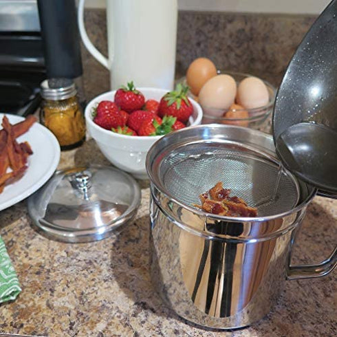 Evelots Grease Can for Kitchen with Strainer/Oil Strainer/5-Cup Stainless Bacon Grease Container with Easy-Grip Handle
