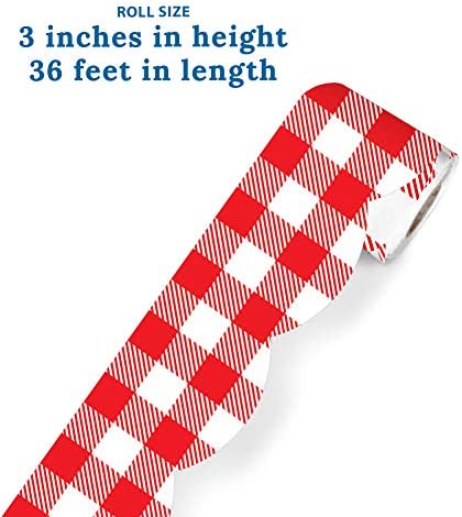 Schoolgirl Style Woodland Whimsy Red and White Bulletin Board Borders, 36 Feet of Scalloped Gingham Classroom Borders for Bulletin Board, White Board, Cork Board, Red & White Desk, Classroom Decor