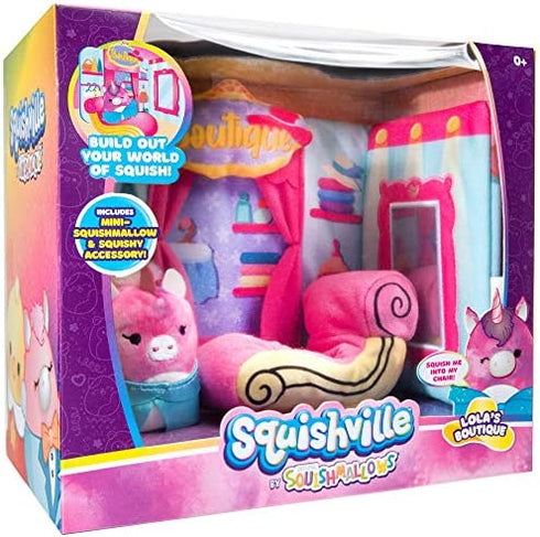 Squishville by Squishmallow Boutique Play Scene, 2” Lola Soft Mini-Squishmallow, 8” Playset, 1 Plush Accessory, Marshmallow-Soft Animals, Boutique Toys