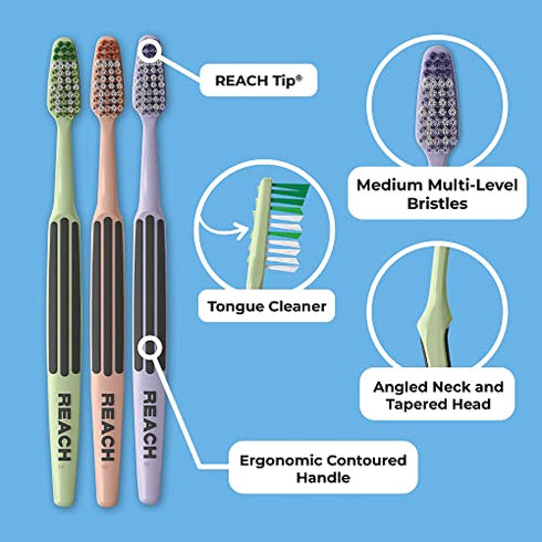 REACH ADVANCED DESIGN TOOTHBRUSH WITH MEDIUM BRISTLES, 3 COUNT