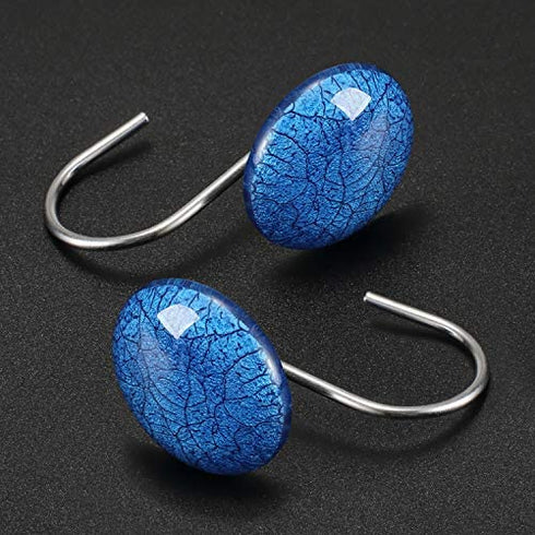 CHICTIE Blue Shower Curtain Hooks Rings,Set of 12 Decorative Marble Crack Shower Curtain Hooks,Stone Rustproof Shower Rings for Bathroom Curtains Rods