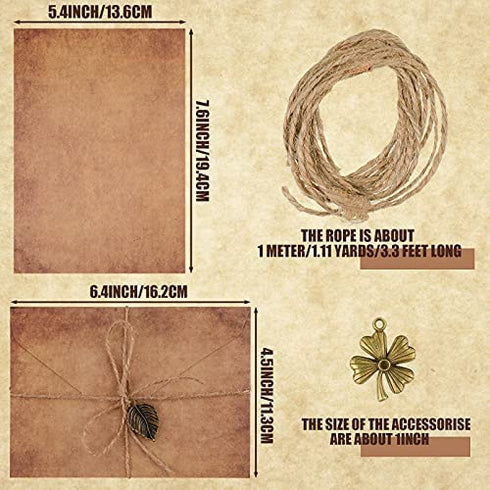 Vintage Stationary Paper and Envelopes Set, Writing Stationery Paper Letter and Envelopes Includes Sheets Antique Letter Papers, Kraft Envelopes, Retro Accessories, Rope (60)