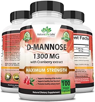 D-Mannose 1,300 mg with Cranberry Extract Fast-Acting, Flush Impurities, Natural Urinary Tract Health- 100 Veggie Capsules