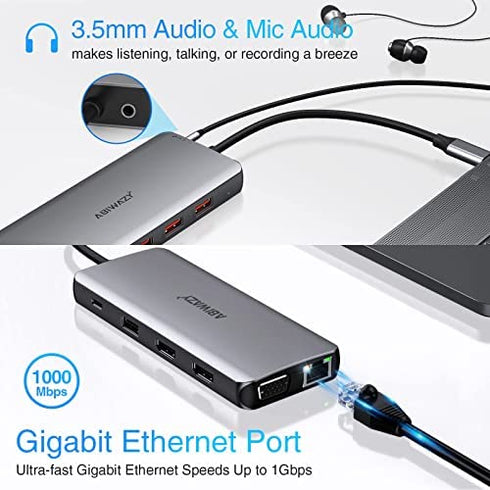 USB C Docking Station Dual Monitor, 11 in 1 Laptop Docking Station USB C Hub Dual HDMI Adapter Dongle with Gigabit Ethernet 2 HDMI VGA 5 USB PD Audio for HP/Dell/Lenovo/Surface/Chromebook/Thinkpad