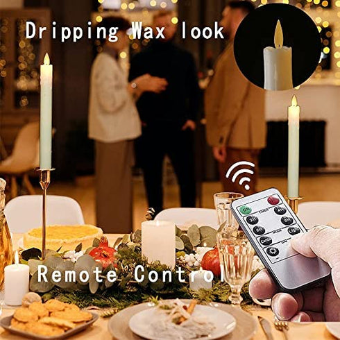 Flameless Taper Candles with Remote and Timer, Moving Wick LED Flickering Window Candles Battery Operated for Christmas, Dinner Table Centerpieces, Party Decoration, Set of 2 (Dripping Wax 2)
