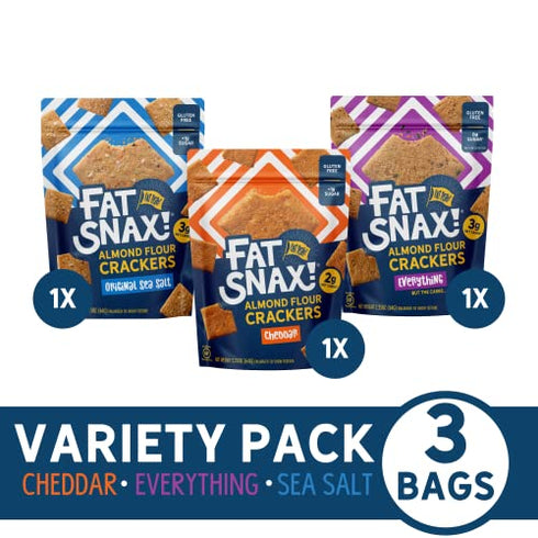Fat Snax Low-Carb Keto Crackers, Variety Pack, 2.25 Ounce (Pack of 3), Cheddar, Everything and Sea Salt Almond Flour Crackers, Certified Gluten-Free, Low Sugar Healthy Snack, 2-3g Net Carbs, 11g Fat