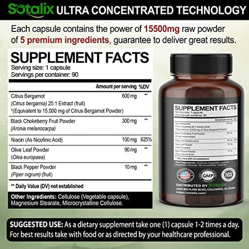 Premium Citrus Bergamot 15500 mg Organic Cholesterol Supplement with Niacin Black Chokeberry Olive Leaf Black Pepper - Heart & Cardiovascular Health Support 90-Day Support (90 Count (Pack 1))