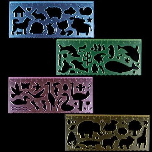 BronaGrand 4 Pcs Drawing Stencils Plastic Ruler Animals Painting Templates for Kids Clear 4 Colors