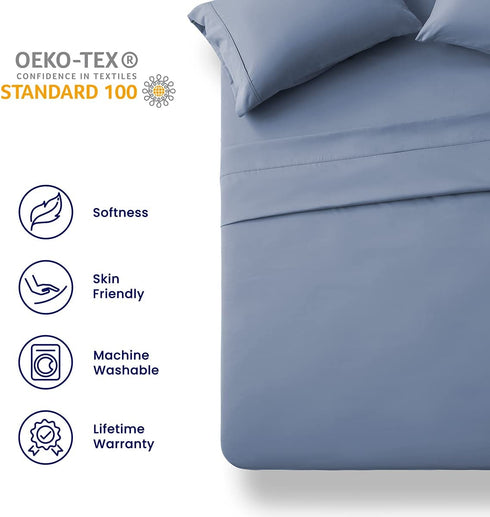 SLEEP ZONE Bed Sheet Set Ultra Soft Breathable Double Brushed Microfiber Sheets with 16 inch Deep Pocket Wrinkle Free Fade Resistant Easy Care Bedding Set 4 Pack (Flint Blue, Queen)