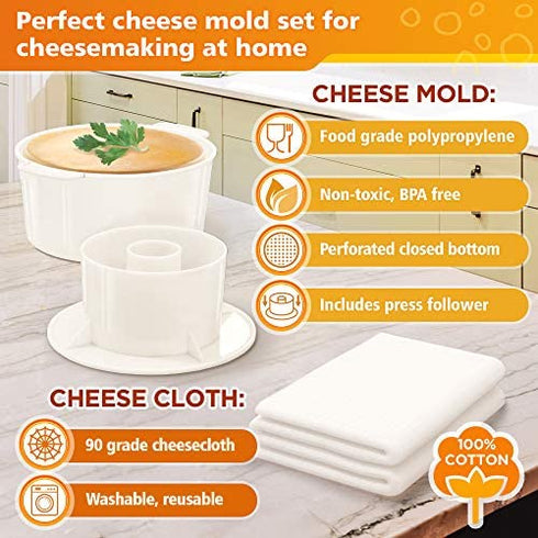 Cheese Mold with a Follower and Cheesecloth – Cheese Making Kit – Cheesemaking Supplies – Cheese Set for Press – Reusable Cheesecloth – 100% Cotton Cloth for Straining – Paneer Maker