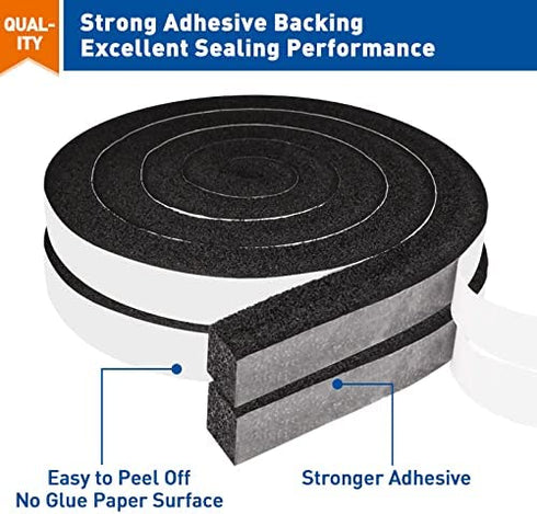 MAGZO Adhesive Foam Weather Stripping 1 Inch W X 1 Inch T, Thick Window Air Conditioner Sealer Open Cell High Resilience, Total Length 13 Feet (6.5ft x 2 Rolls)