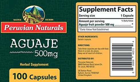 Aguaje 500mg - 100 Capsules - Peruvian Naturals | Moriche Palm Fruit Powder from Peru (Buriti in Brazil)