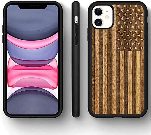 JUBECO iPhone 11 Case Wood,Wooden+Soft TPU Bumper Slim Anti-Shock Cover for iPhone 11 6.1inch (Us Flag)