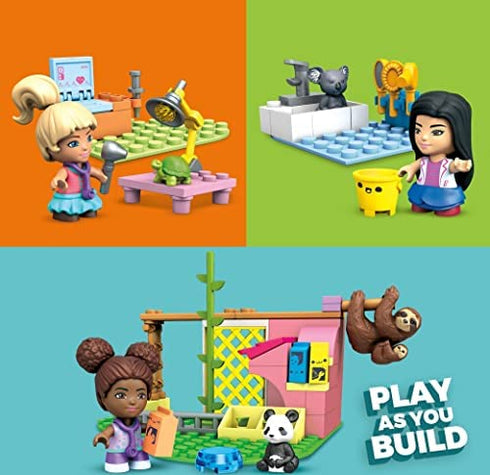 Mega Barbie Animal Grooming Station Building Set, 97 Bricks and Pieces with Fashion and Roleplay Accessories, 3 Micro-Dolls, 1 Panda, 1 Koala, 1 Turtle and 2 Sloths, Toy Gift Set for Ages 5 and up