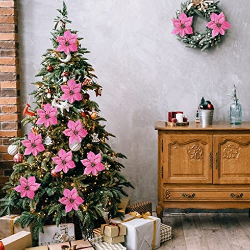Festivous Wishel Pack of 12 Glitter Artificial Wedding Christmas Flowers Glitter Poinsettia Christmas Tree Ornaments (Pink)
