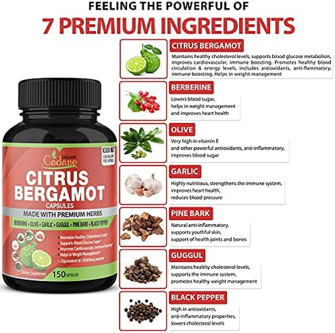 Citrus Bergamot Extract Capsules 10300mg, 150 Caps & Berberine, Olive, Guggul, Garlic, Pine Bark, Black Pepper | Improves Heart and Cardiovascular Health , Supports Immune System, 5 Months Supply