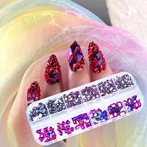 660Pcs AB Red Rhinestones Crystals Gems Nail Art Flat Back Round Beads Red AB Multi Sized Shapes Gems Rhinestone Stones for Nail Art DIY Jewelry Crafts Accessories