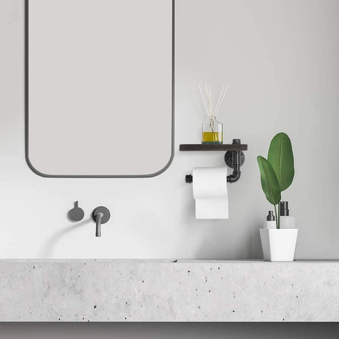 NEX Industrial Toilet Paper Holder, Wall Mounted Toilet Roll Tissue Holder Stand with Wooden Shelf for Bathroom, Espresso