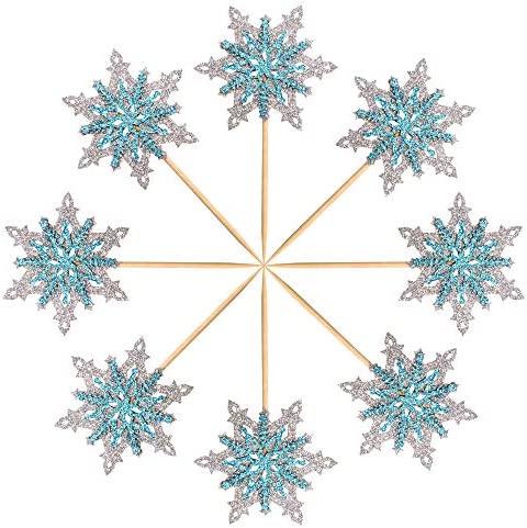 Ercadio 24 Pack Snowflake Cupcake Toppers Double Layers Silver and Blue Winter Theme Cupcake Picks Baby Shower Kids Birthday Party Christmas Cake Decorations Supplies
