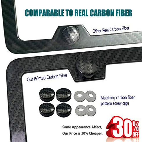 Aootf License Plate Frame Carbon Fiber- Black Aluminum Car Tag Holder Cover Printed Carbon Pattern with Stainless Steel Screws Caps, Front & Rear 2 Pack