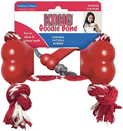 KONG - Goodie Bone with Rope - Durable Rubber Chew Bone, Teeth Cleaning Dog Toy - for Medium Dogs