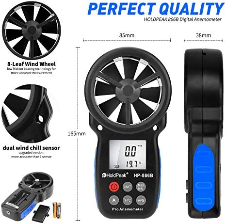 HoldPeak 866B Digital Anemometer Handheld Wind Speed Meter for Measuring Wind Speed, Temperature and Wind Chill with Backlight and Max/Min