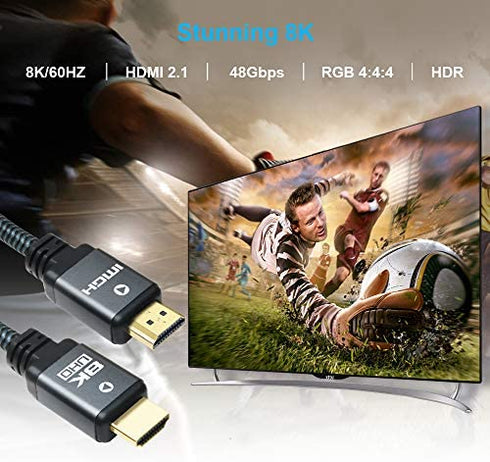 Yauhody 8K HDMI 2.1 Cable 6ft, 48Gbps Ultra High Speed Heavy Duty Nylon Braided HDMI 2.1 Cord, Real 8K@60Hz, 10K, 4K@144Hz, 4K@120Hz, eARC, HDCP 2.2 & 2.3, Dynamic HDR, 3D for Monitor, TV (6 Feet)