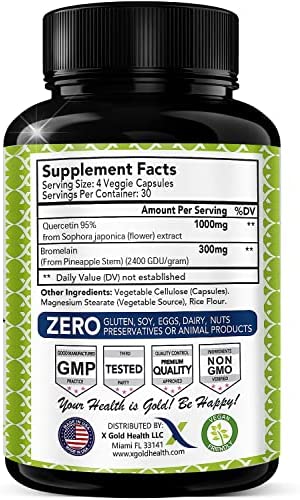 Quercetin 1000mg + Bromelain 300mg per Serving- Quercetin with Bromelain Supplement Complex for Cardiovascular Health, Respiratory System Support, Immune Function & Allergy Support-120 Veggie Capsules