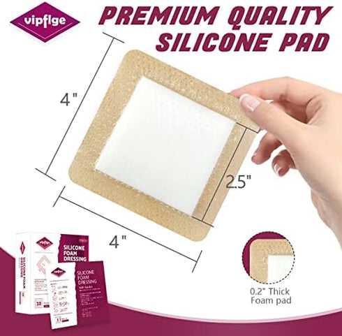 Silicone Foam Dressing with Gentle Adhesive Border 4'' x 4'' 10 Pack, High Absorbency Foam Wound Bandage for Bed Sore, Pressure Ulcer, Diabetic Foot Ulcer, Leg Ulcer
