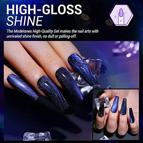 modelones 9D Cat Eye Gel Nail Polish Set - 2 Pcs Black Blue Chameleon Magnetic Galaxy Glitter Galactic Effect Magic Gel Polish with Magnet Stick Soak Off LED Gel Nail Polish Nail Art 7ML