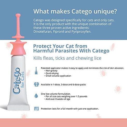Catego Fast-Acting Flea and Tick Treatment For Cats/Kittens (Over 1.5 lbs) Kills Fleas Within 6 Hours, Prevents Flea Re-Infestations