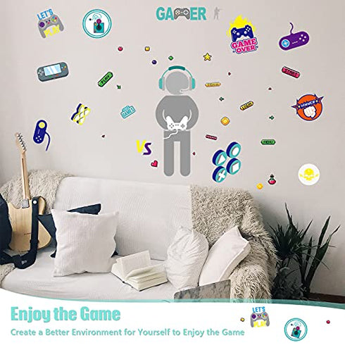 4 Sheets Gamer Wall Sticker Glow in The Dark Gamer Wall Decals Boy Children Video Game Room Decor Gaming Controller Wall Stickers Removable Wall Art for Kids Men Playroom Living Room