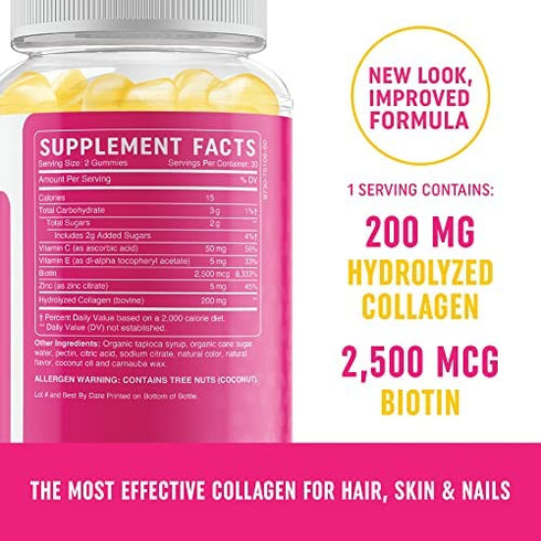Collagen Gummies (200MG) with Biotin (2,500MCG) Vitamin C, E & Zinc | Lemon Flavor | Anti Aging, Hair Growth, Skin, Strong Nails | Hydrolyzed Collagen Protein Supplements | 60 Non-GMO Gummy Vitamins