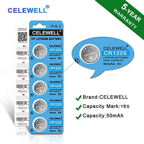 CELEWELL CR1225 5 Pack 3V Lithium Battery?5-Year Warranty?