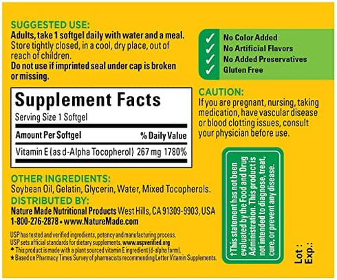 Nature Made Vitamin E 267 mg (400 IU) d-Alpha, Dietary Supplement for Antioxidant Support, 100 Softgels, 100 Day Supply