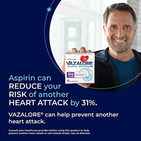 VAZALORE® Aspirin 81mg for Adults | Low Dose Aspirin Heart Therapy | Liquid-Filled Capsules to Help Protect Stomach | Pain Relief | 30 Count