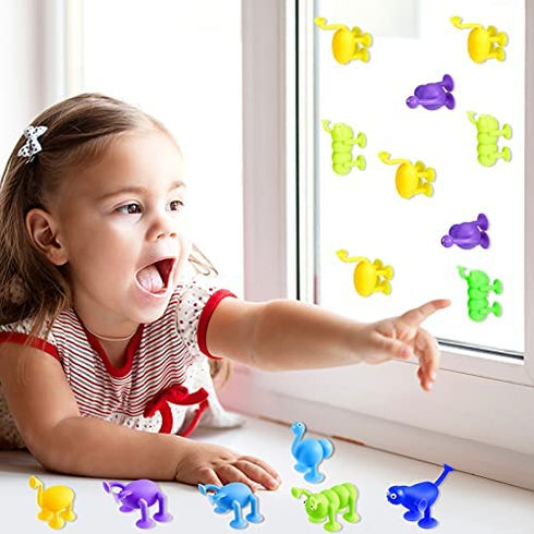 Zhanmai 12 Pieces Silicone Suction Toys Stress Toys Set Building Blocks Suction Toy Animal Shape Sucker Toys Multi Color for Stress Release, Family Parent Interactive Game Bath